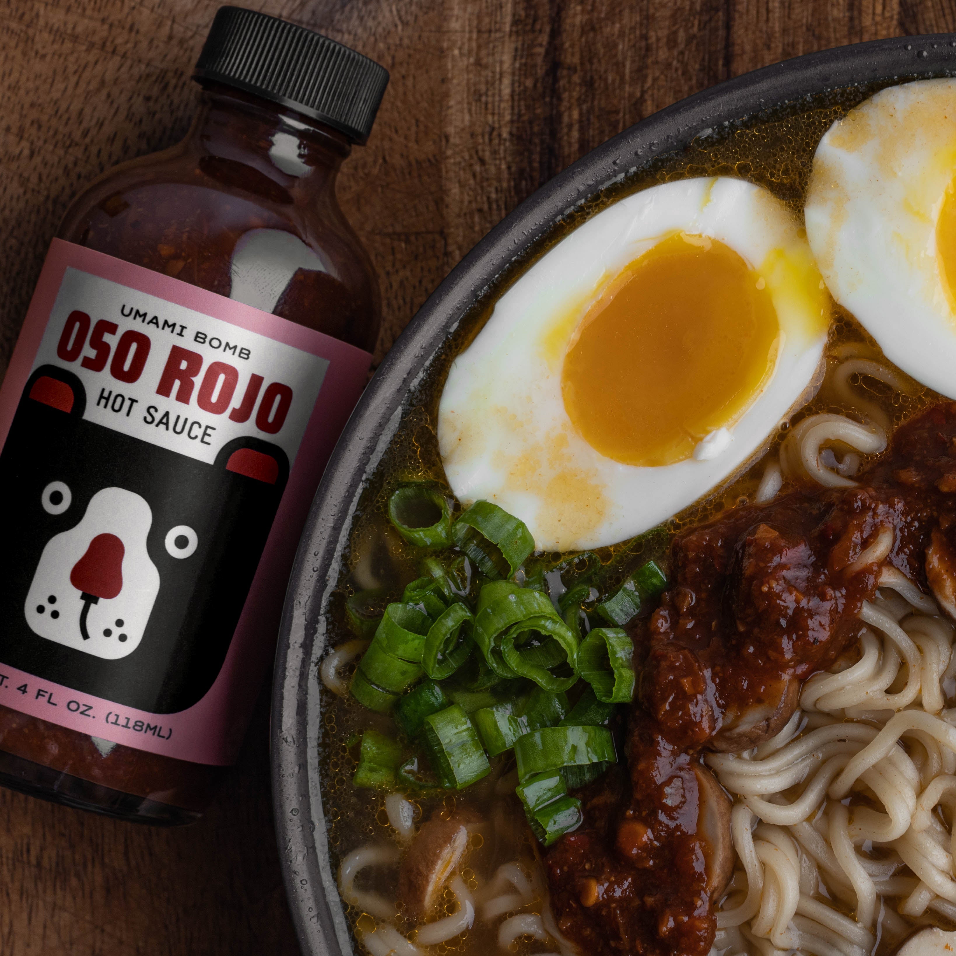 Oso Rojo Umami Bomb hot sauce with a dish of ramen